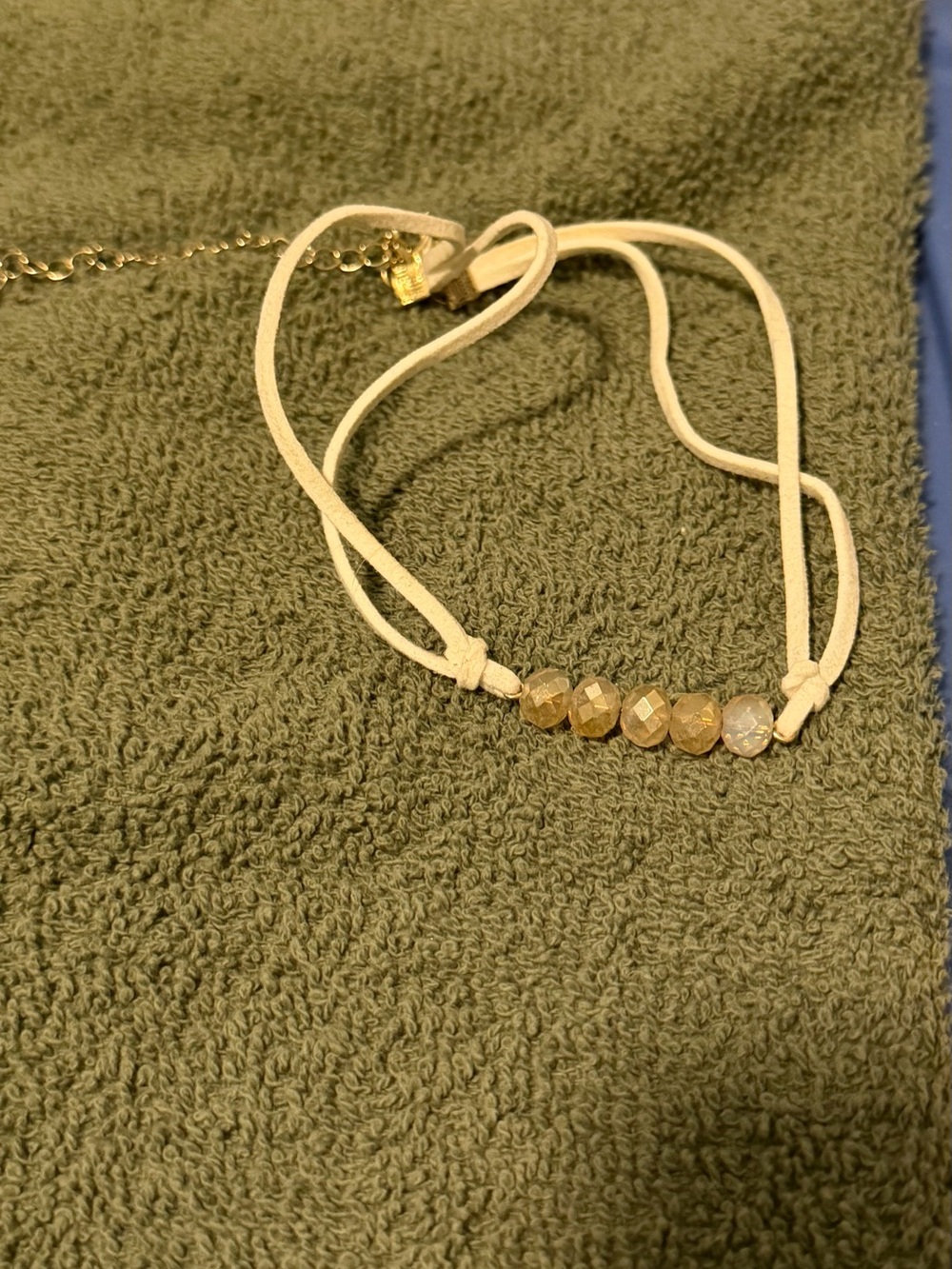 Beaded White Suede choker style necklace with Gold Accent
